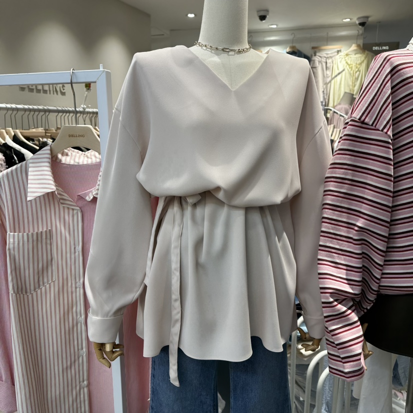 DELLING東大門㊣實拍女裝新品25秋冬休閑熱賣襯衫蕾絲衫含腰繩DELLING襯衫/蕾絲衫圖色1