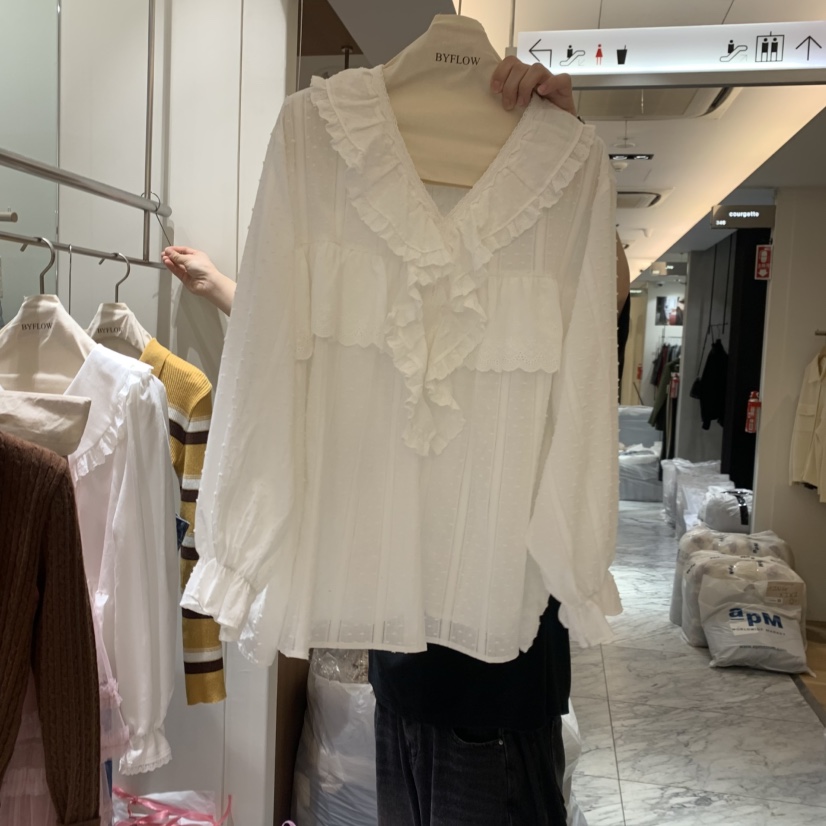 BY FLOW東大門㊣實拍女士新品時尚熱賣襯衫蕾絲衫圓點褶邊BY FLOW襯衫/蕾絲衫圖色1