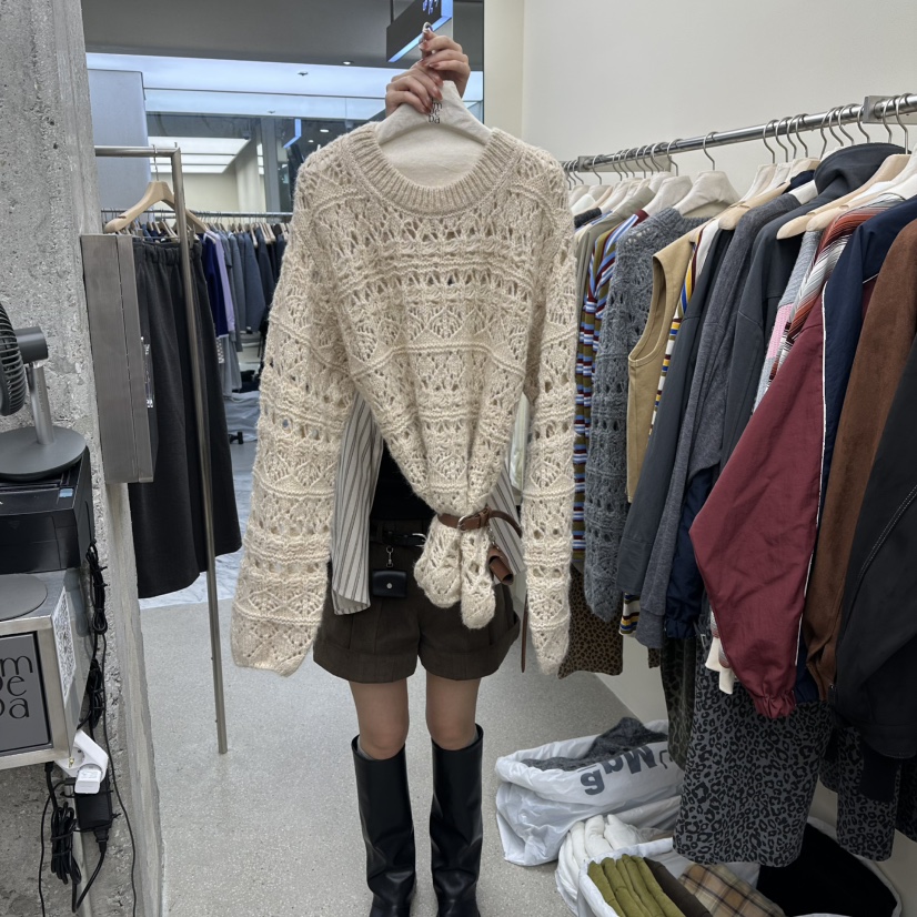 AMOEBA東大門㊣實拍女裝新品真品針織衫不含腰帶荷葉邊復古AMOEBA針織衫圖色1