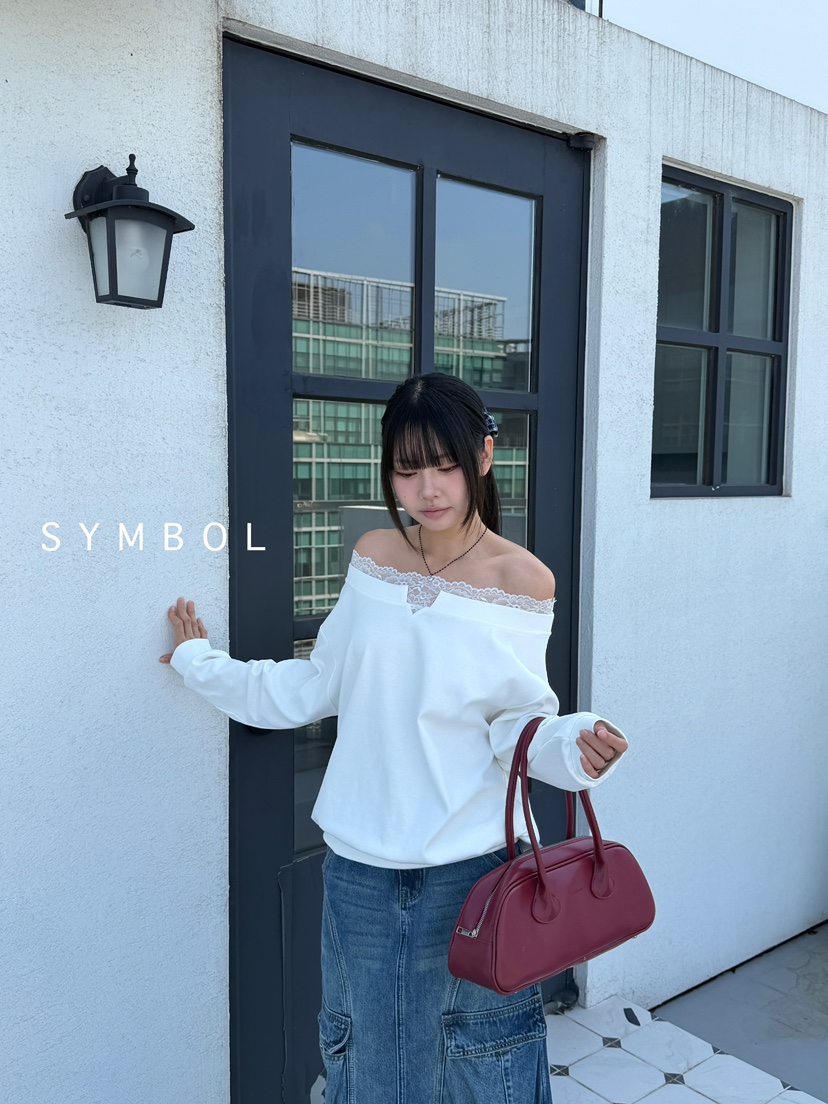 SYMBOL韓國代購㊣女裝新款休閑推薦25秋冬職業衛衣蕾絲露肩SYMBOL衛衣