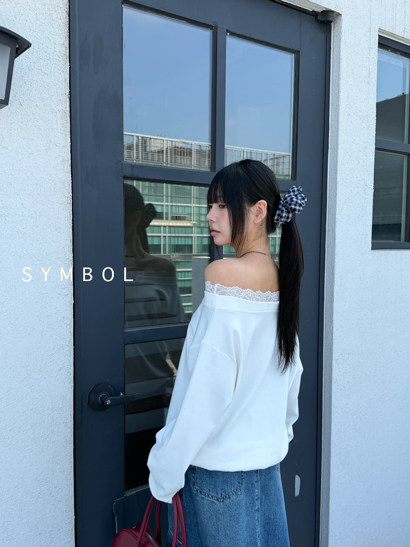SYMBOL韓國代購㊣女裝新款休閑推薦25秋冬職業衛衣蕾絲露肩SYMBOL衛衣
