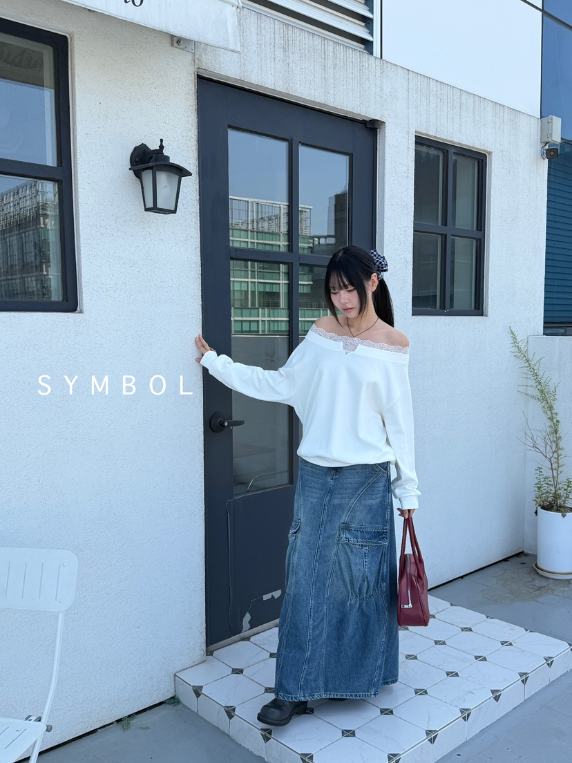 SYMBOL韓國代購㊣女裝新款休閑推薦25秋冬職業衛衣蕾絲露肩SYMBOL衛衣
