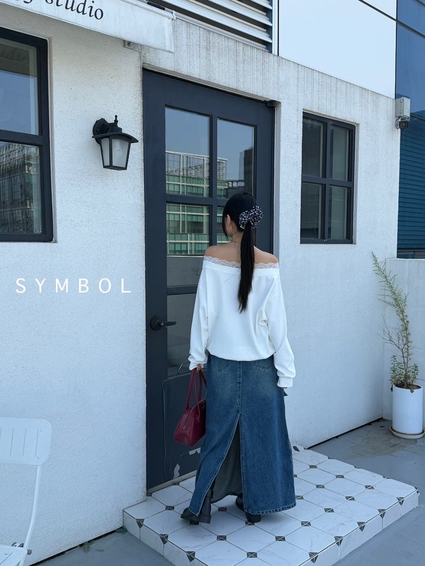 SYMBOL韓國代購㊣女裝新款休閑推薦25秋冬職業衛衣蕾絲露肩SYMBOL衛衣