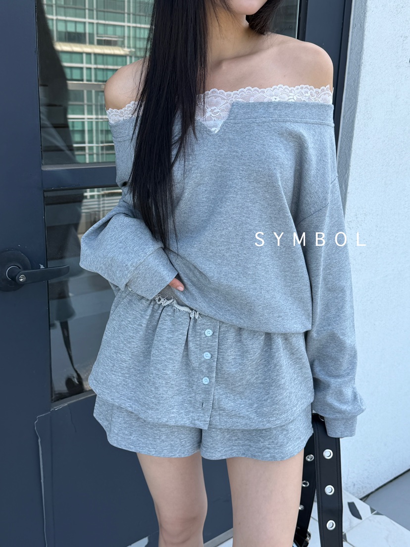 SYMBOL韓國代購㊣女裝新款休閑推薦25秋冬職業衛衣蕾絲露肩SYMBOL衛衣