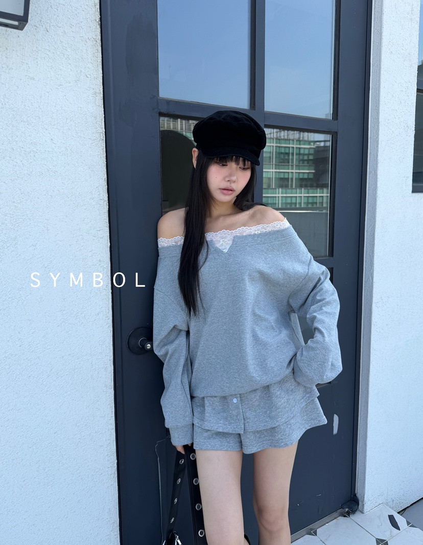 SYMBOL韓國代購㊣女裝新款休閑推薦25秋冬職業衛衣蕾絲露肩SYMBOL衛衣