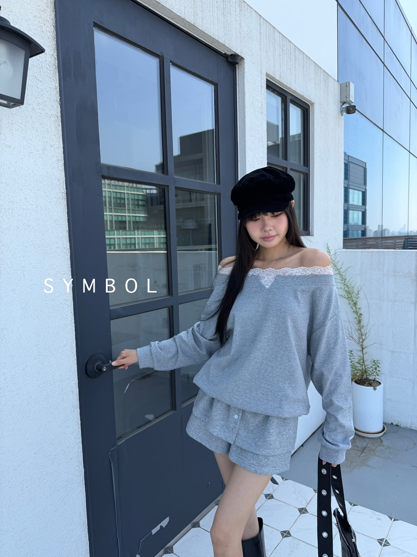 SYMBOL韓國代購㊣女裝新款休閑推薦25秋冬職業衛衣蕾絲露肩SYMBOL衛衣