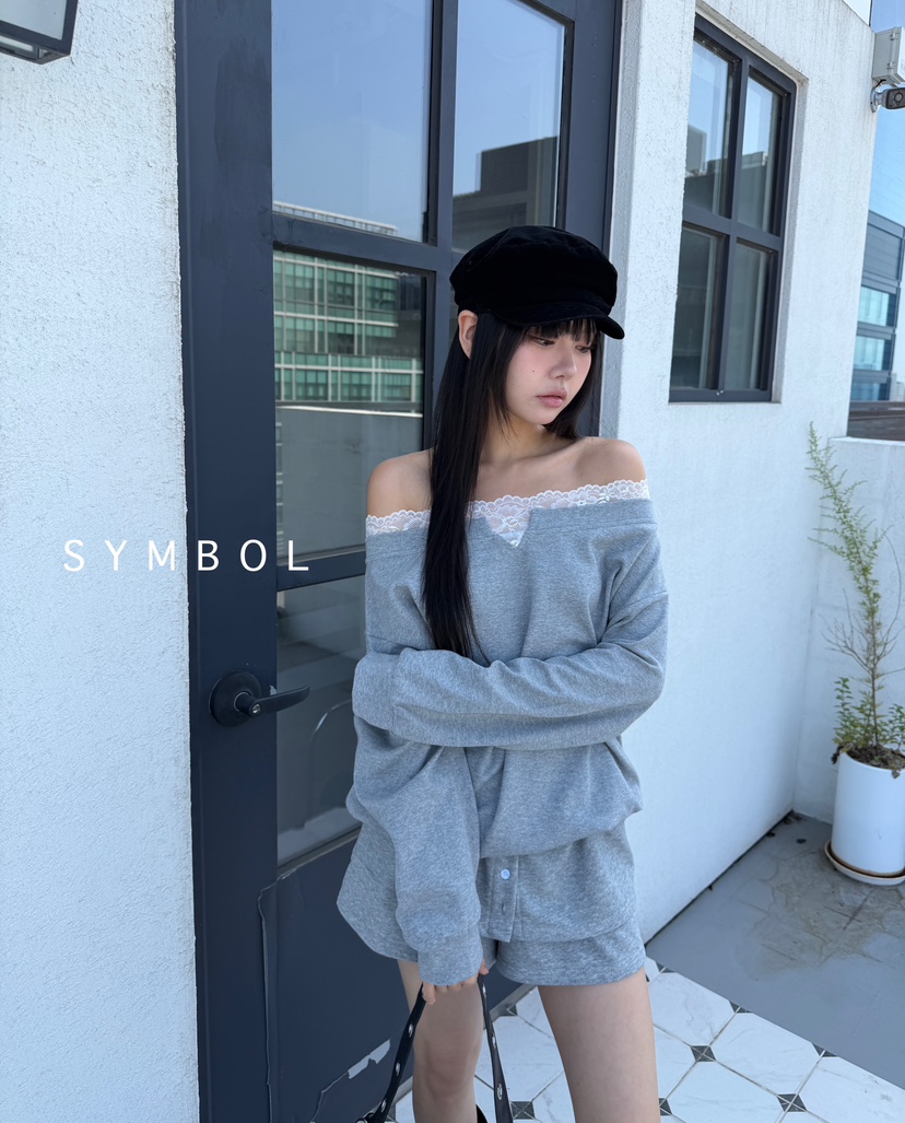 SYMBOL韓國代購㊣女裝新款休閑推薦25秋冬職業衛衣蕾絲露肩SYMBOL衛衣