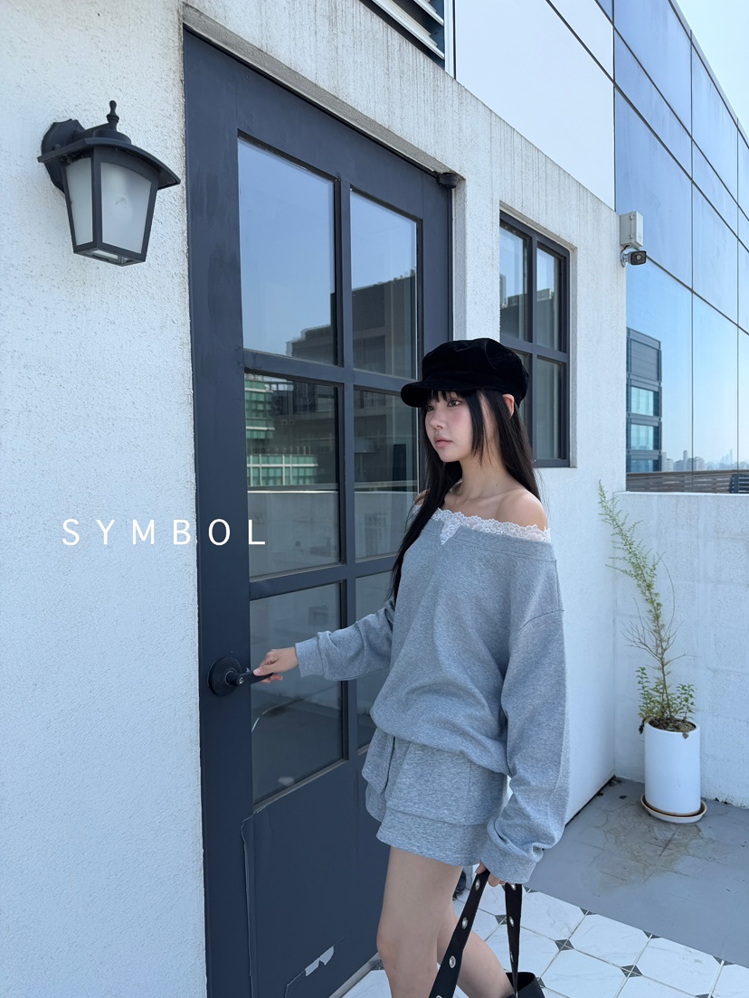 SYMBOL韓國代購㊣女裝新款休閑推薦25秋冬職業衛衣蕾絲露肩SYMBOL衛衣