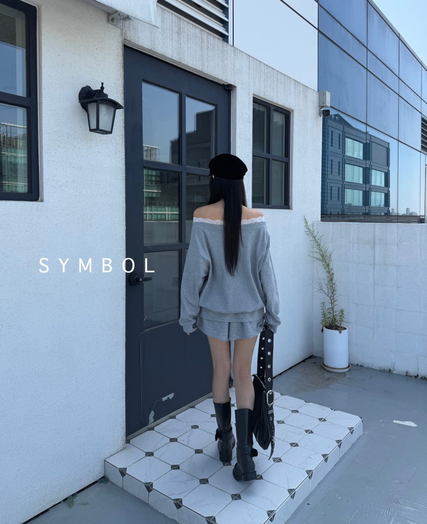 SYMBOL韓國代購㊣女裝新款休閑推薦25秋冬職業衛衣蕾絲露肩SYMBOL衛衣