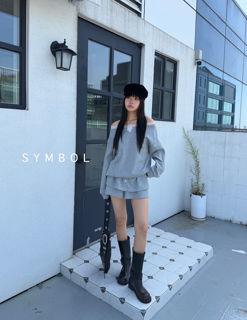 SYMBOL韓國代購㊣女裝新款休閑推薦25秋冬職業衛衣蕾絲露肩SYMBOL衛衣