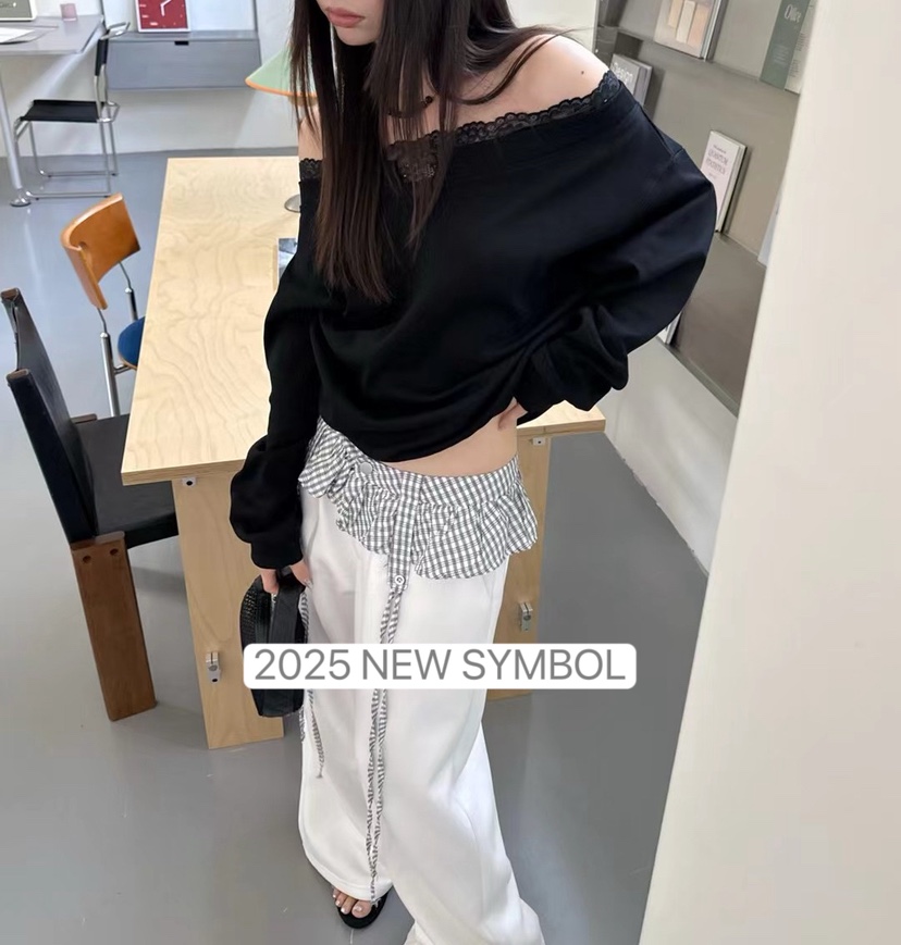SYMBOL韓國代購㊣女裝新款休閑推薦25秋冬職業衛衣蕾絲露肩SYMBOL衛衣圖色3