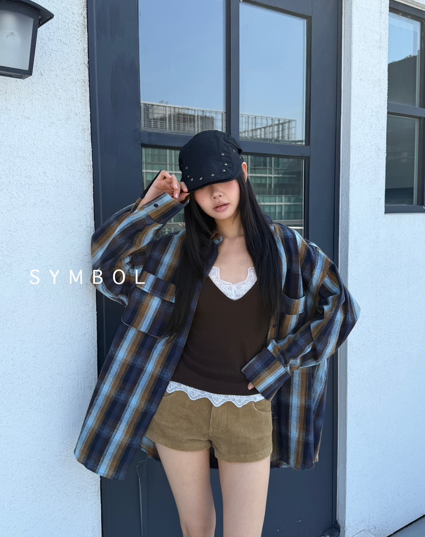 SYMBOL韓國代購㊣女裝新品25秋冬人氣休閑襯衫蕾絲衫口袋格紋SYMBOL襯衫/蕾絲衫