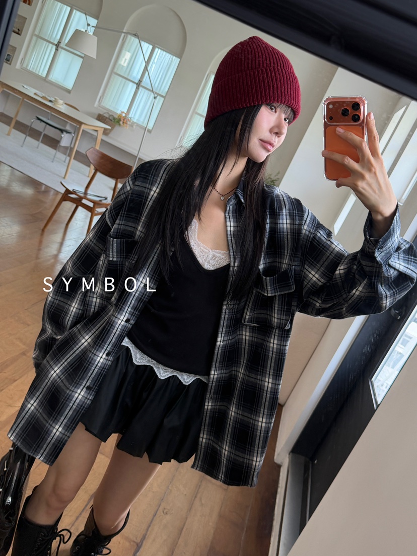 SYMBOL韓國代購㊣女裝新品25秋冬人氣休閑襯衫蕾絲衫口袋格紋SYMBOL襯衫/蕾絲衫