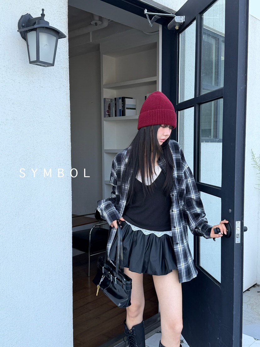 SYMBOL韓國代購㊣女裝新品25秋冬人氣休閑襯衫蕾絲衫口袋格紋SYMBOL襯衫/蕾絲衫