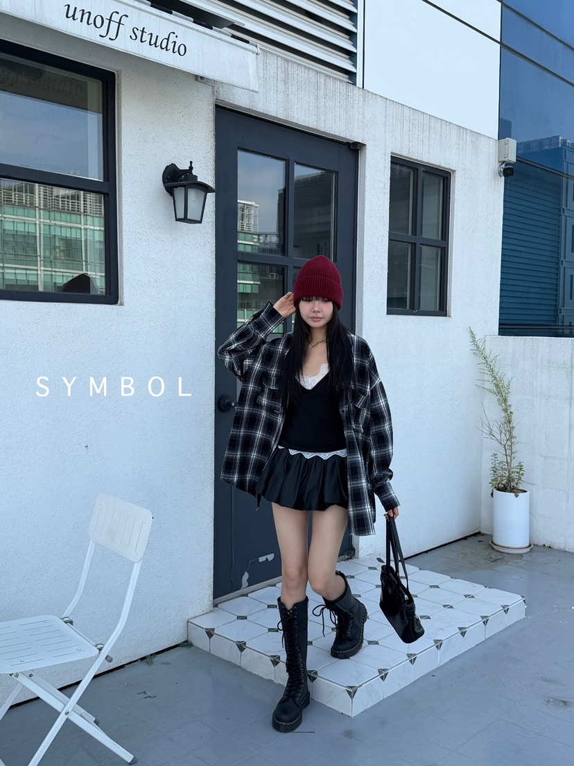 SYMBOL韓國代購㊣女裝新品25秋冬人氣休閑襯衫蕾絲衫口袋格紋SYMBOL襯衫/蕾絲衫