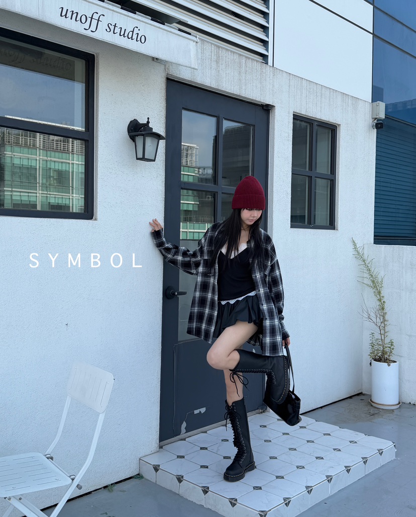 SYMBOL韓國代購㊣女裝新品25秋冬人氣休閑襯衫蕾絲衫口袋格紋SYMBOL襯衫/蕾絲衫