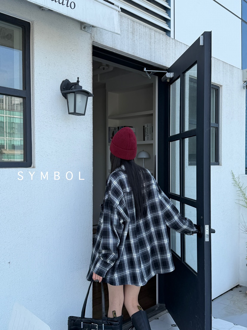 SYMBOL韓國代購㊣女裝新品25秋冬人氣休閑襯衫蕾絲衫口袋格紋SYMBOL襯衫/蕾絲衫