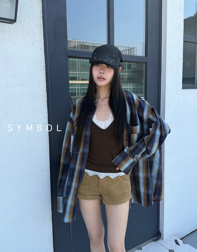 SYMBOL韓國代購㊣女裝新品25秋冬人氣休閑襯衫蕾絲衫口袋格紋SYMBOL襯衫/蕾絲衫
