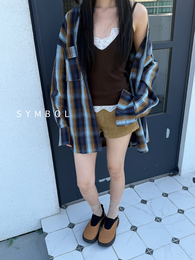 SYMBOL韓國代購㊣女裝新品25秋冬人氣休閑襯衫蕾絲衫口袋格紋SYMBOL襯衫/蕾絲衫