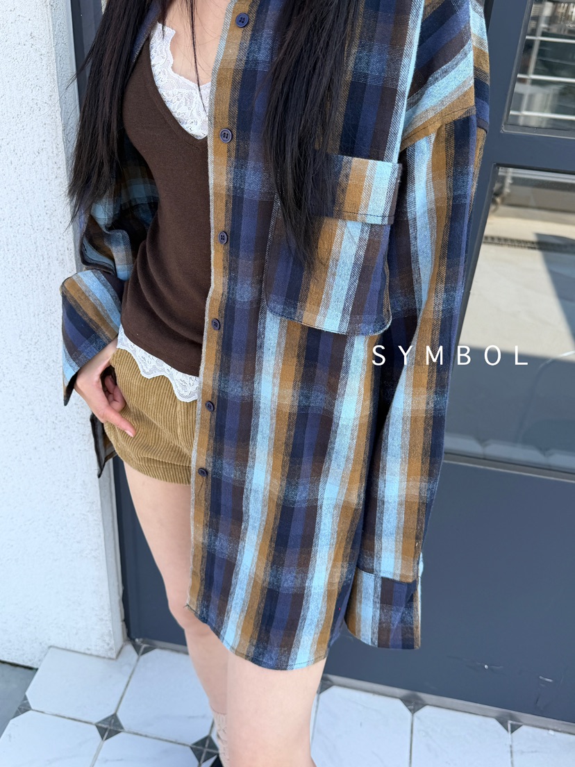 SYMBOL韓國代購㊣女裝新品25秋冬人氣休閑襯衫蕾絲衫口袋格紋SYMBOL襯衫/蕾絲衫