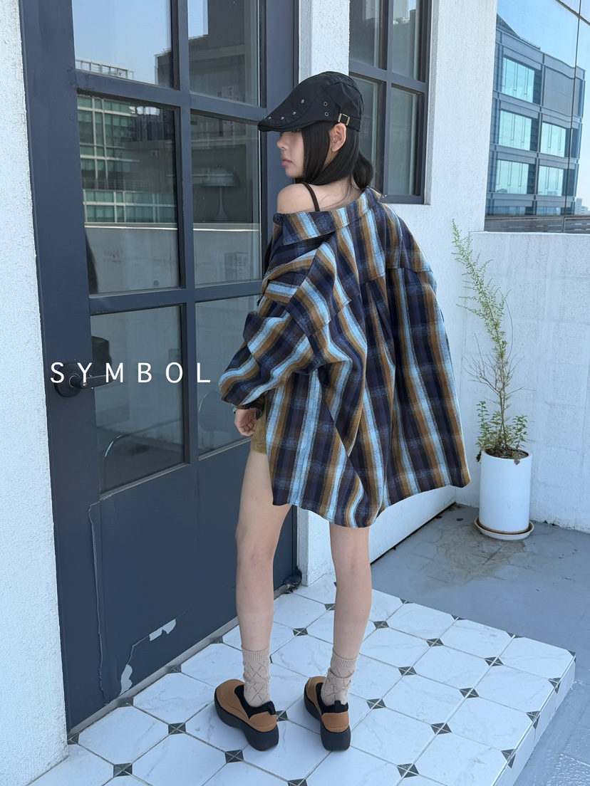 SYMBOL韓國代購㊣女裝新品25秋冬人氣休閑襯衫蕾絲衫口袋格紋SYMBOL襯衫/蕾絲衫