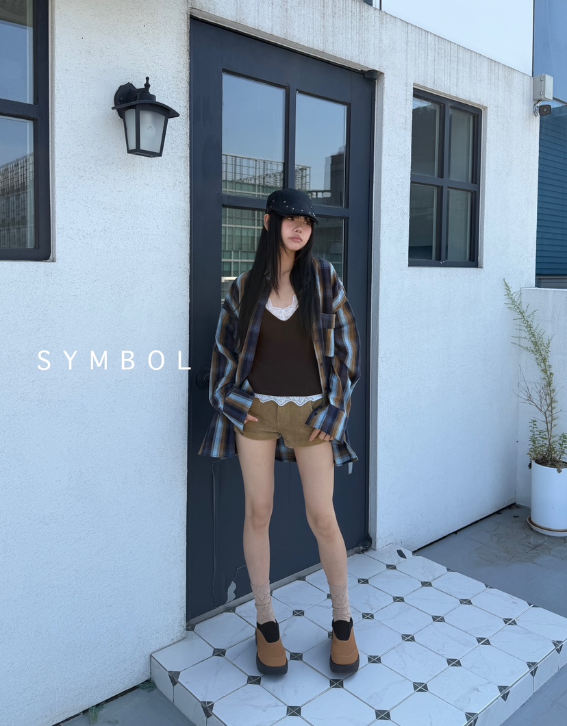SYMBOL韓國代購㊣女裝新品25秋冬人氣休閑襯衫蕾絲衫口袋格紋SYMBOL襯衫/蕾絲衫