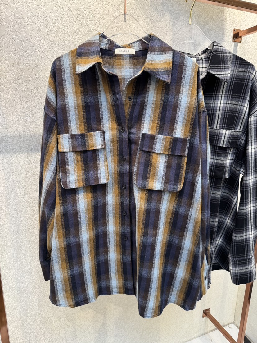 SYMBOL韓國代購㊣女裝新品25秋冬人氣休閑襯衫蕾絲衫口袋格紋SYMBOL襯衫/蕾絲衫圖色1
