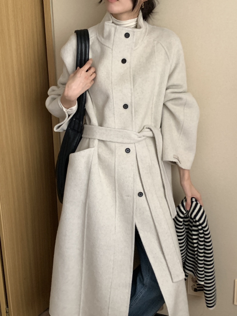 FRILL-T韓國代購㊣女裝新品時尚中長款大衣手工制作含腰帶FRILL-T中長款大衣