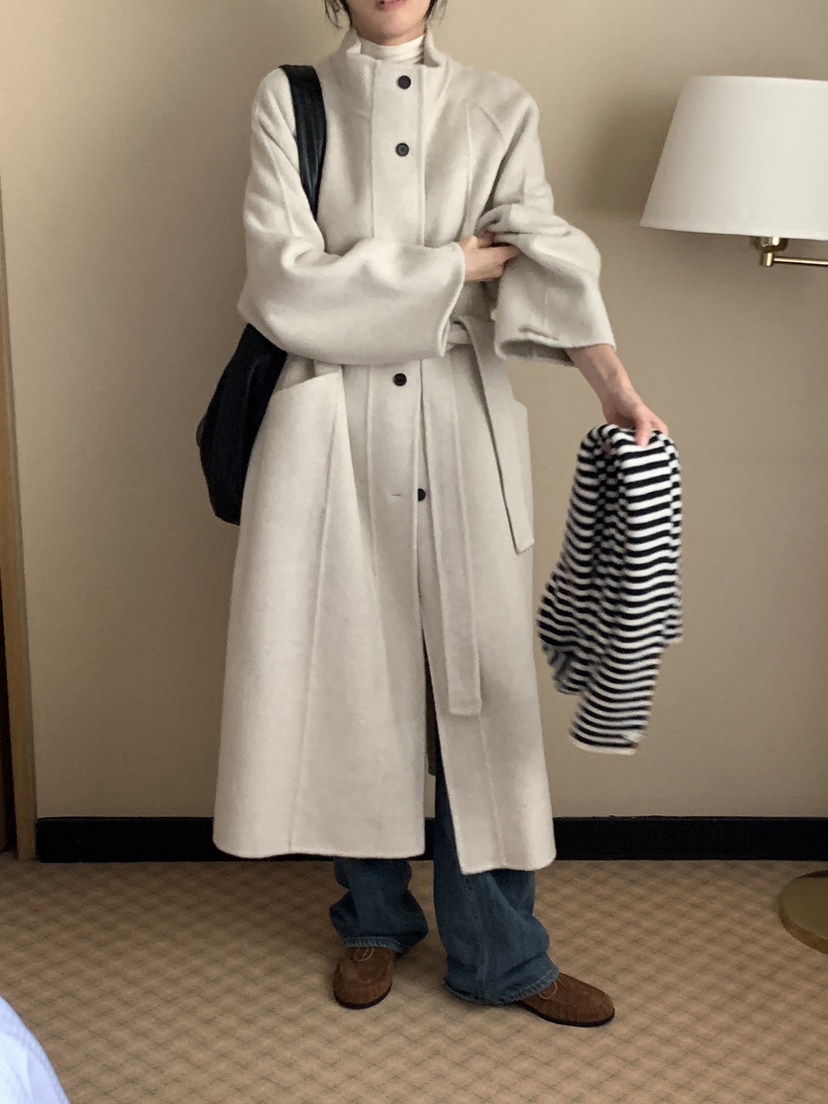 FRILL-T韓國代購㊣女裝新品時尚中長款大衣手工制作含腰帶FRILL-T中長款大衣