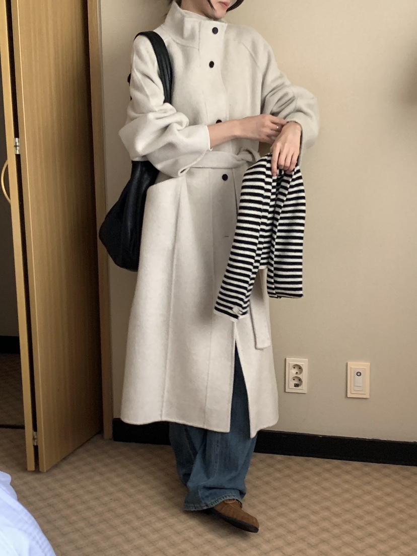 FRILL-T韓國代購㊣女裝新品時尚中長款大衣手工制作含腰帶FRILL-T中長款大衣