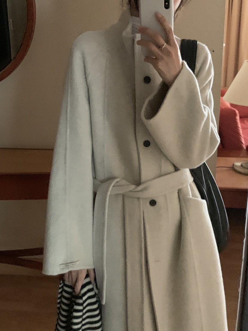 FRILL-T韓國代購㊣女裝新品時尚中長款大衣手工制作含腰帶FRILL-T中長款大衣