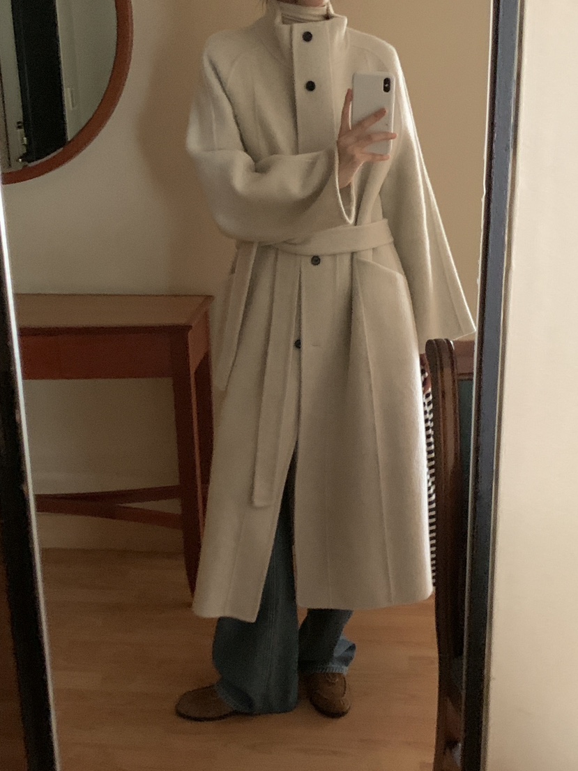 FRILL-T韓國代購㊣女裝新品時尚中長款大衣手工制作含腰帶FRILL-T中長款大衣