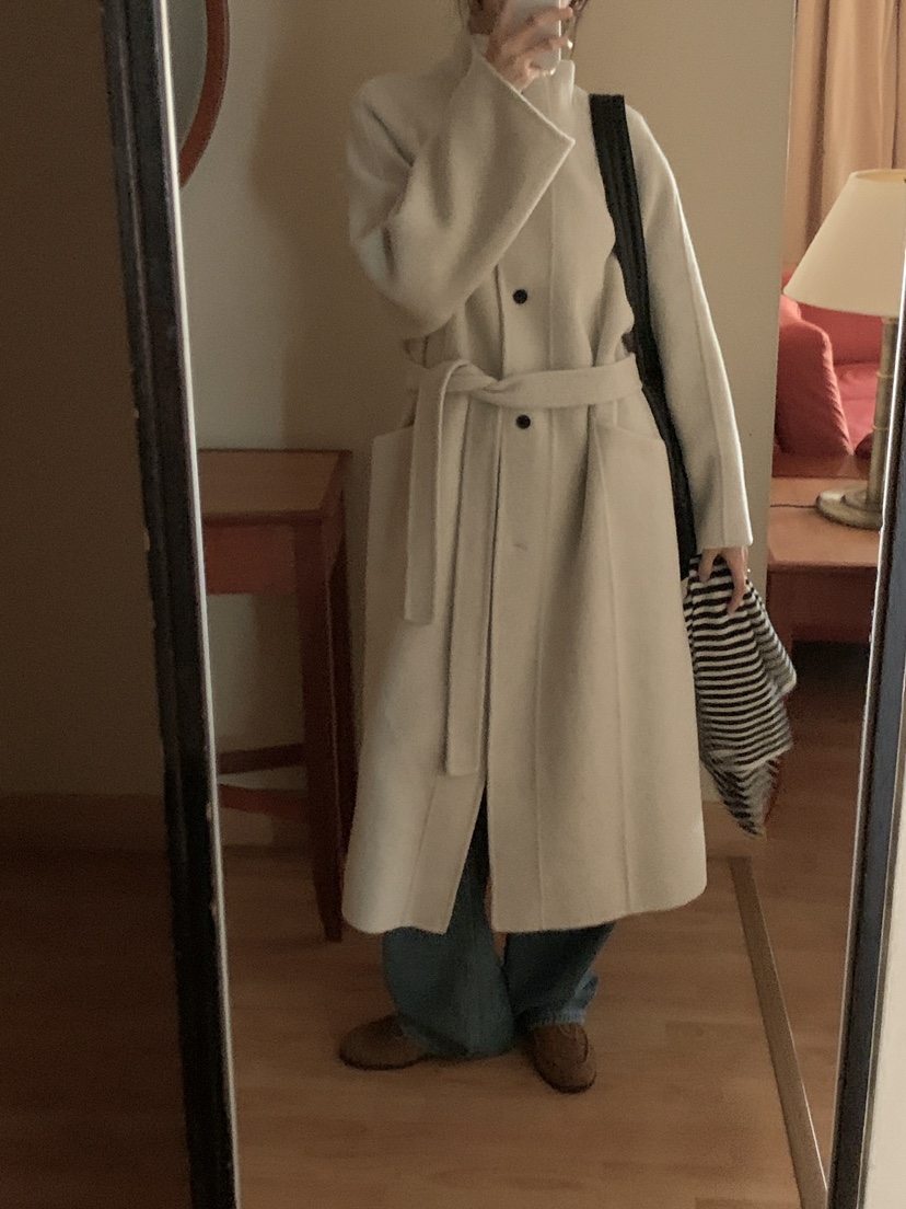FRILL-T韓國代購㊣女裝新品時尚中長款大衣手工制作含腰帶FRILL-T中長款大衣