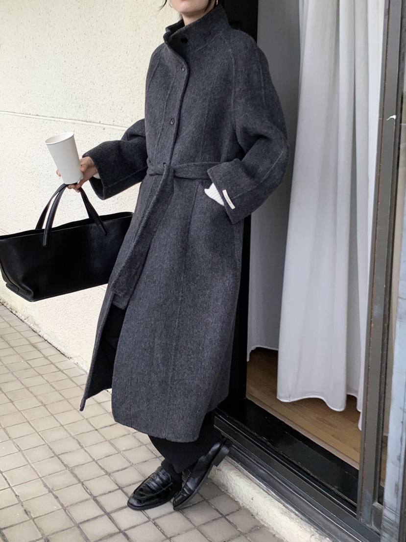 FRILL-T韓國代購㊣女裝新品時尚中長款大衣手工制作含腰帶FRILL-T中長款大衣