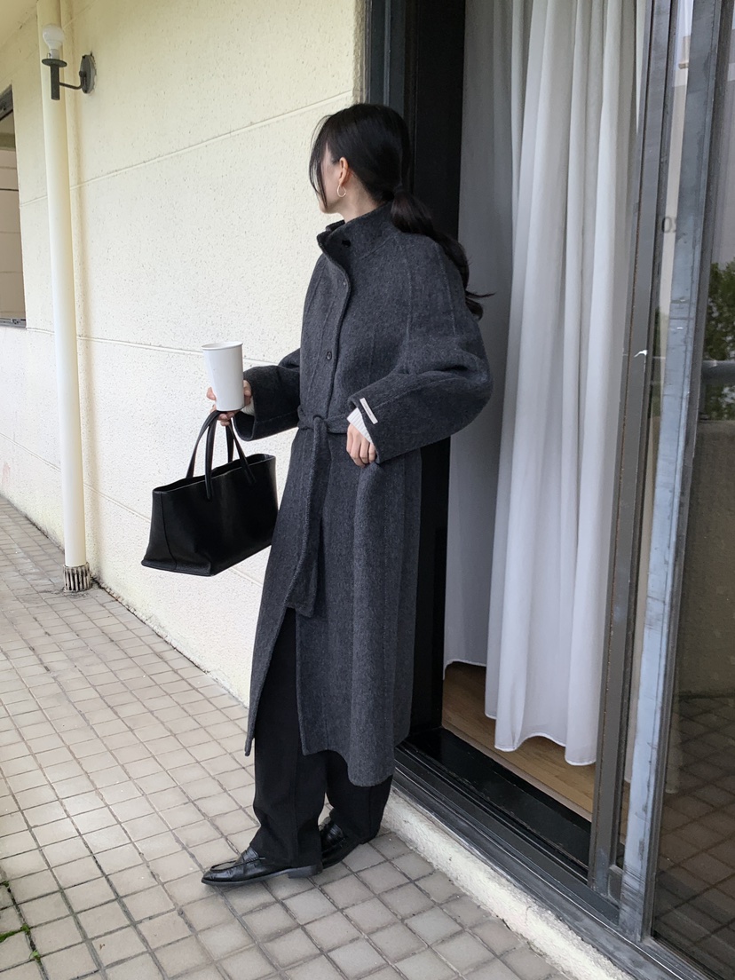 FRILL-T韓國代購㊣女裝新品時尚中長款大衣手工制作含腰帶FRILL-T中長款大衣