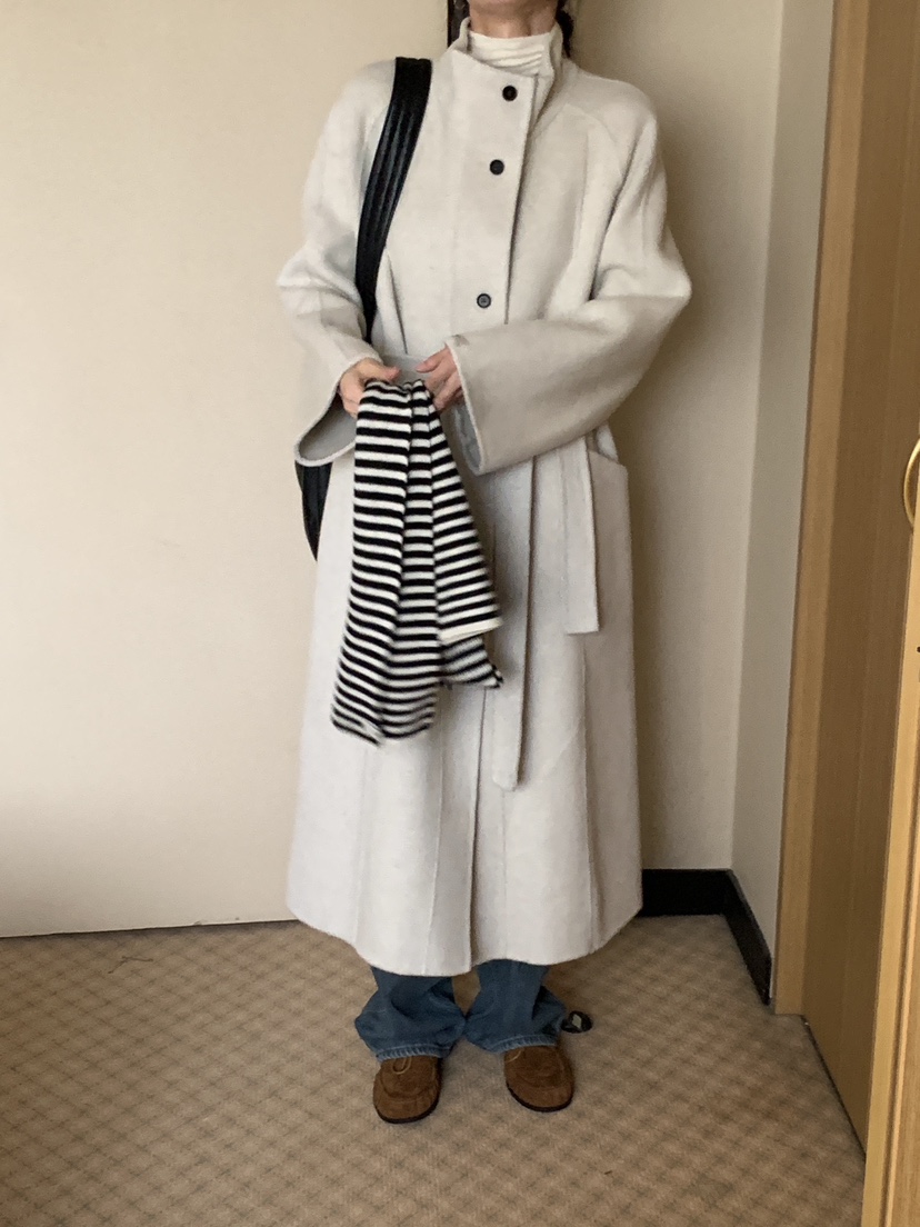 FRILL-T韓國代購㊣女裝新品時尚中長款大衣手工制作含腰帶FRILL-T中長款大衣