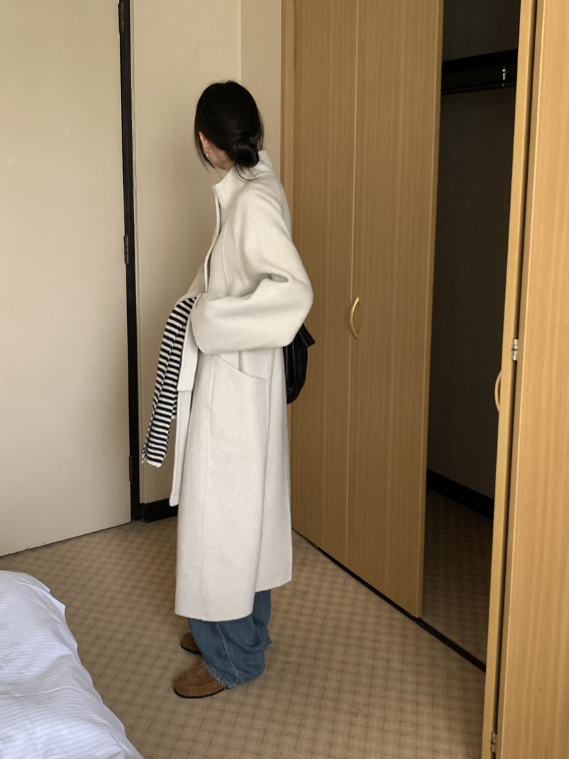 FRILL-T韓國代購㊣女裝新品時尚中長款大衣手工制作含腰帶FRILL-T中長款大衣