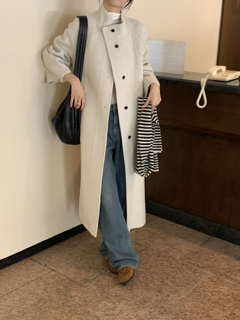 FRILL-T韓國代購㊣女裝新品時尚中長款大衣手工制作含腰帶FRILL-T中長款大衣