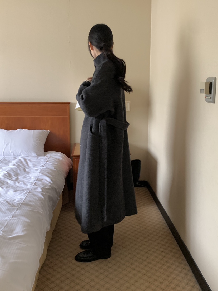 FRILL-T韓國代購㊣女裝新品時尚中長款大衣手工制作含腰帶FRILL-T中長款大衣