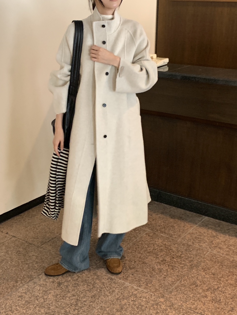 FRILL-T韓國代購㊣女裝新品時尚中長款大衣手工制作含腰帶FRILL-T中長款大衣圖色1