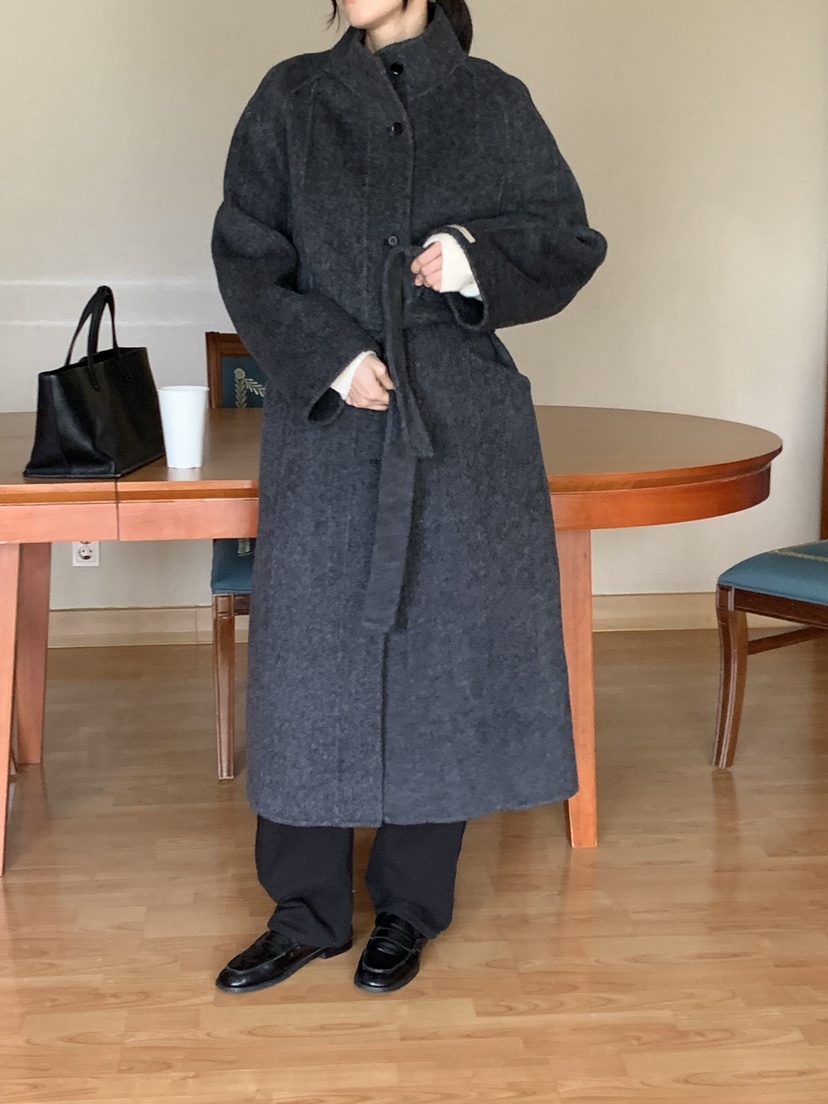 FRILL-T韓國代購㊣女裝新品時尚中長款大衣手工制作含腰帶FRILL-T中長款大衣圖色2