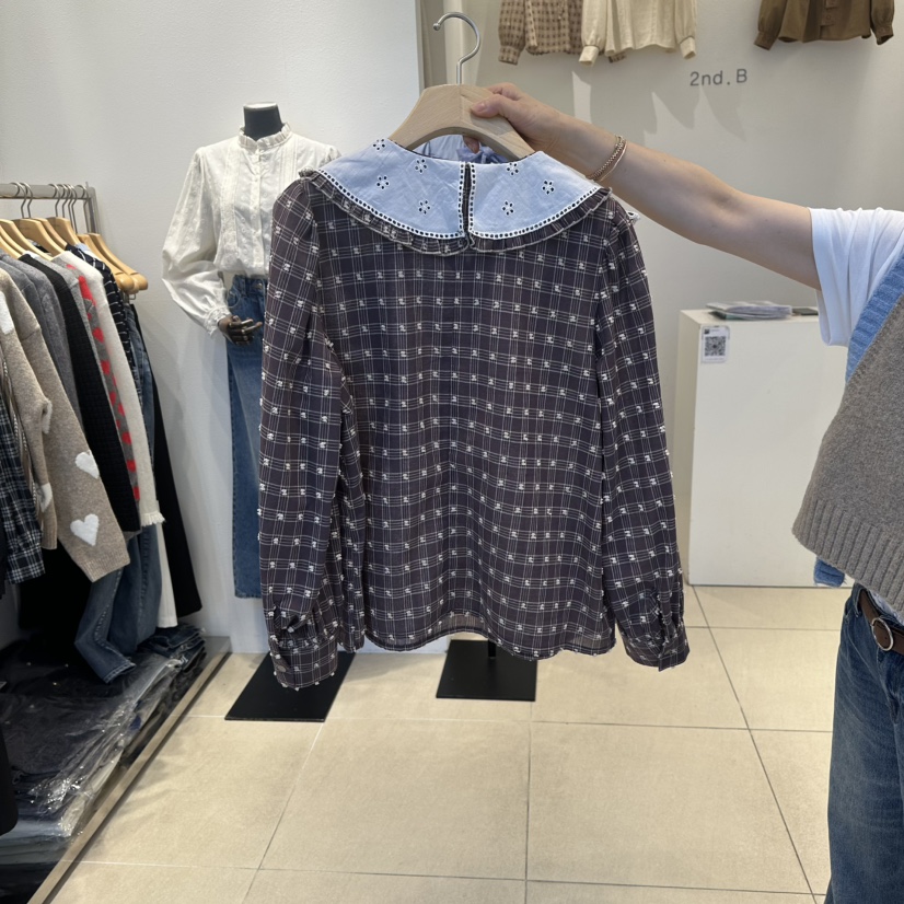 2nd B-S韓國代購㊣女裝新品人氣真品職業襯衫蕾絲衫刺繡格紋2nd B-S襯衫/蕾絲衫