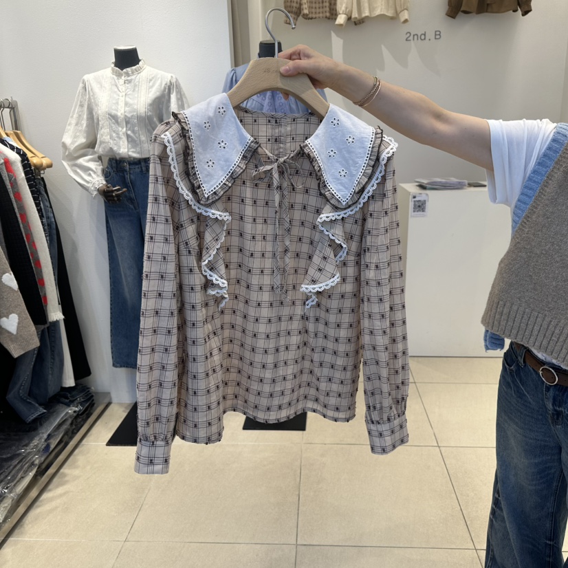 2nd B-S韓國代購㊣女裝新品人氣真品職業襯衫蕾絲衫刺繡格紋2nd B-S襯衫/蕾絲衫圖色1