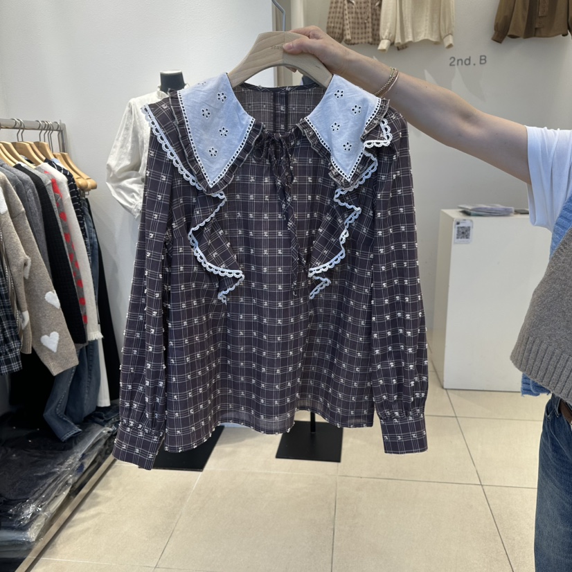 2nd B-S韓國代購㊣女裝新品人氣真品職業襯衫蕾絲衫刺繡格紋2nd B-S襯衫/蕾絲衫圖色2