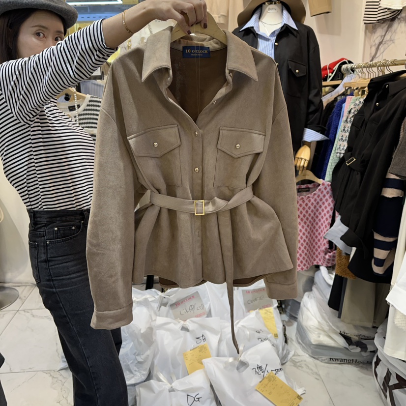 BUTTU東大門㊣實拍女士新品休閑熱賣25秋冬夾克含腰帶絨面革10 O CLOCK/Buttu夾克圖色1