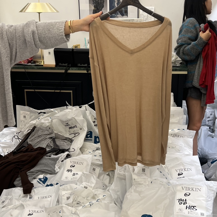 VIRKIN東大門㊣直郵女裝新品休閑25秋冬真品長袖T恤V領羊毛VIRKIN長袖T恤圖色2