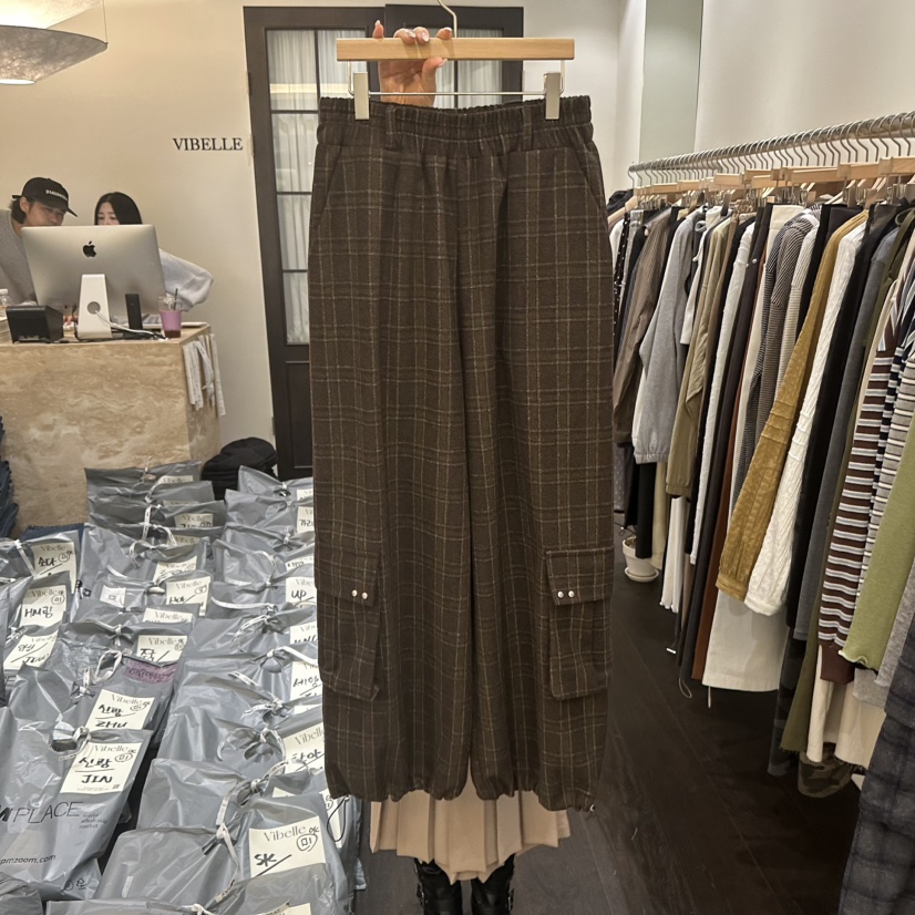 VIBELLE韓國代購㊣女士新款25秋冬人氣休閑真品休閑褲羊毛格紋VIBELLE休閑褲圖色2