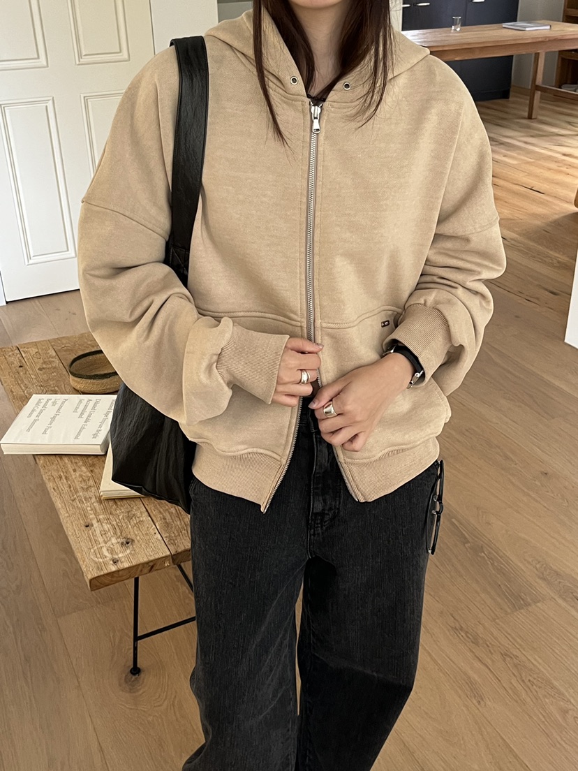 OP PER韓國代購㊣女士新品25秋冬熱賣真品職業夾克拉鏈兜帽OPPER-simplebeige夾克