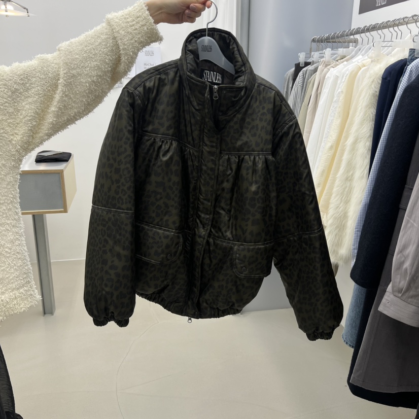 STAINLESS韓國代購㊣女裝新款休閑真品熱賣人氣短款棉服豹紋絨STAINLESS短款棉服