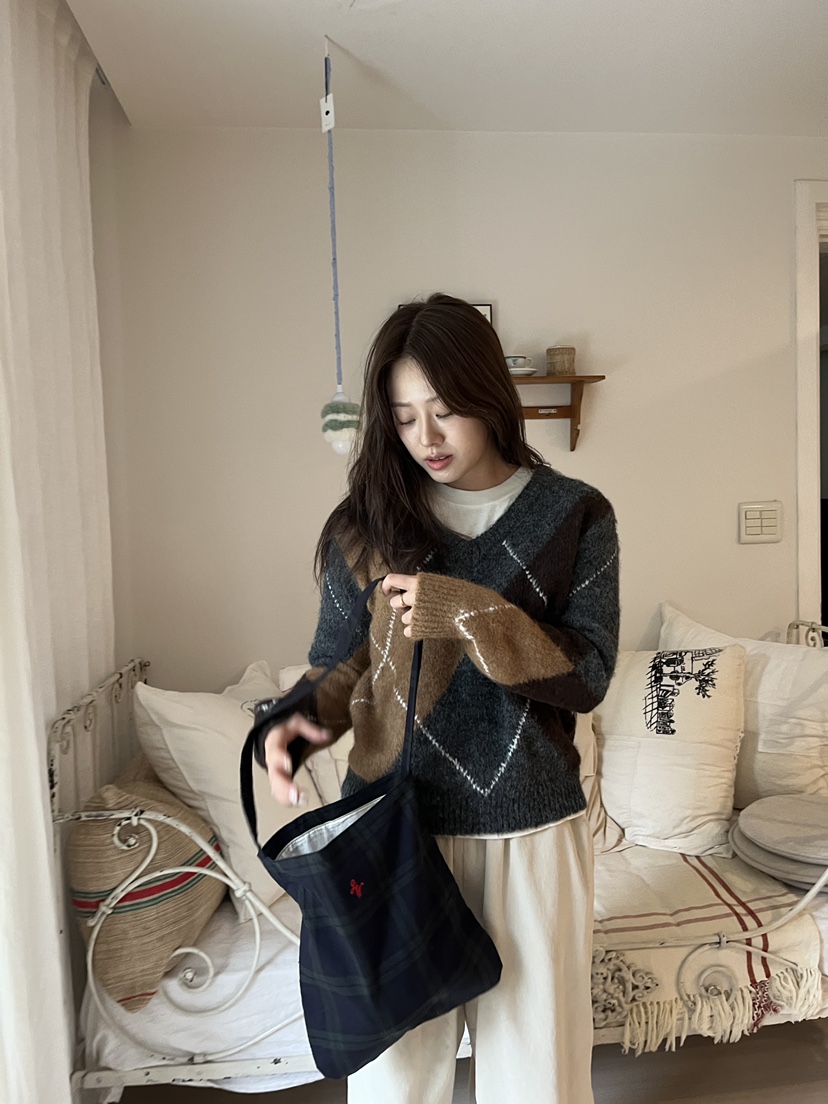 AT NOTE韓國代購㊣女士新款25秋冬推薦單肩斜跨包刺繡格紋AT NOTE單肩/斜跨包